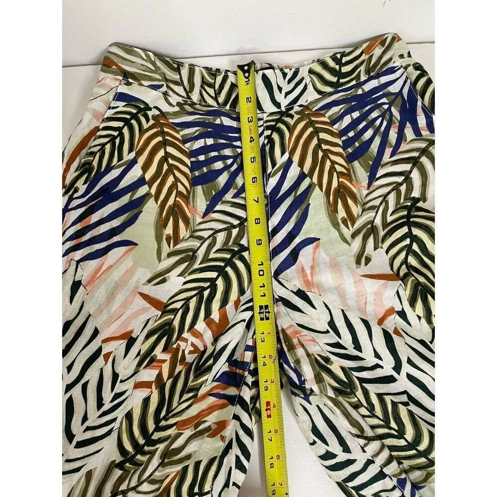 Tahari Size L 100% Linen Wide Leg Crop Pants Tropical Print Pull On